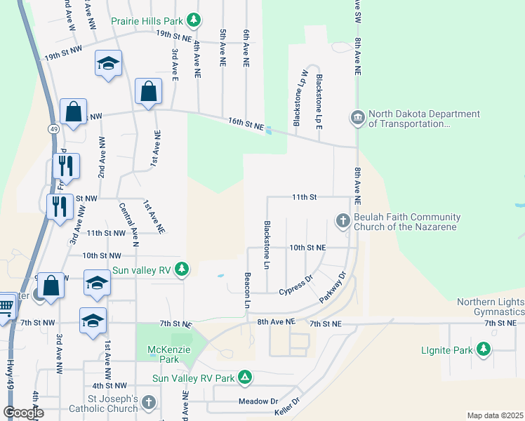 map of restaurants, bars, coffee shops, grocery stores, and more near 1143 Blackstone Lane in Beulah