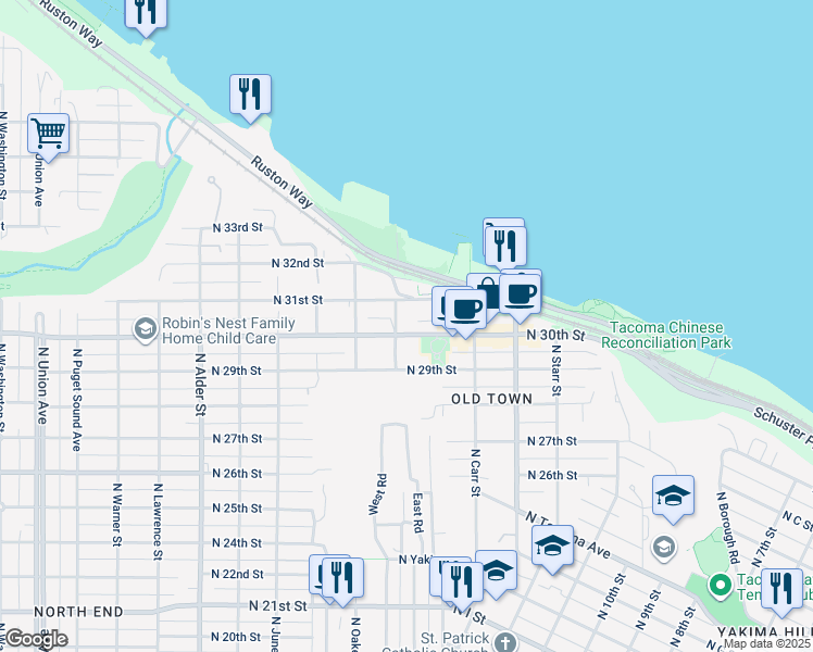 map of restaurants, bars, coffee shops, grocery stores, and more near 2406 North 31st Street in Tacoma