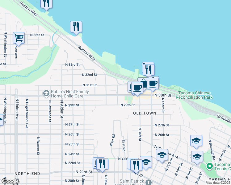map of restaurants, bars, coffee shops, grocery stores, and more near 2606 North 31st Street in Tacoma