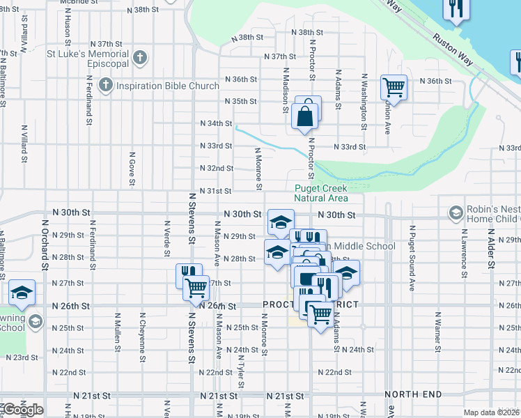 map of restaurants, bars, coffee shops, grocery stores, and more near 4103 North 30th Street in Tacoma