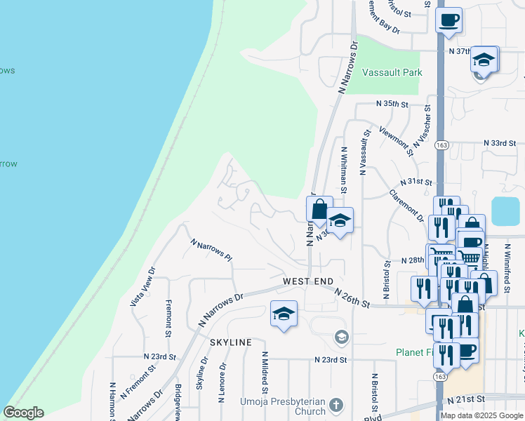 map of restaurants, bars, coffee shops, grocery stores, and more near 3008 North Narrows Drive in Tacoma