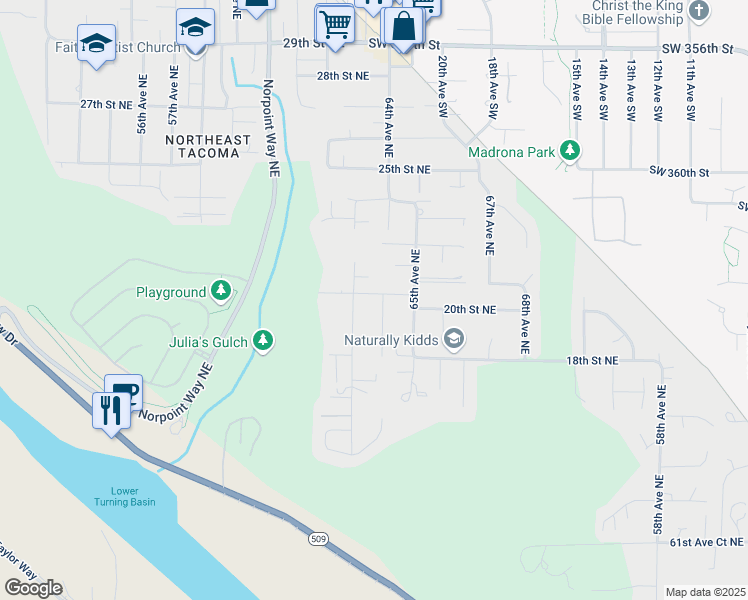 map of restaurants, bars, coffee shops, grocery stores, and more near 2022 64th Avenue Northeast in Tacoma