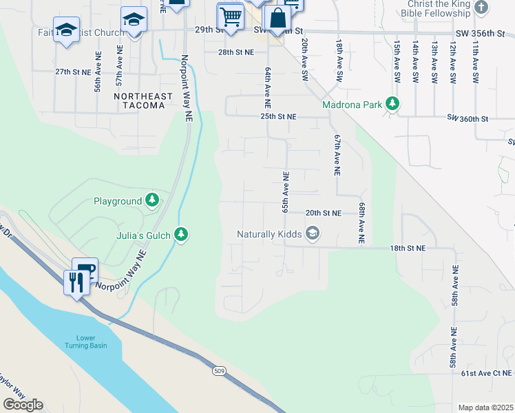 map of restaurants, bars, coffee shops, grocery stores, and more near 2022 64th Avenue Northeast in Tacoma