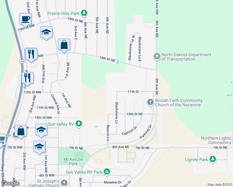 map of restaurants, bars, coffee shops, grocery stores, and more near 1143 Blackstone Lane in Beulah