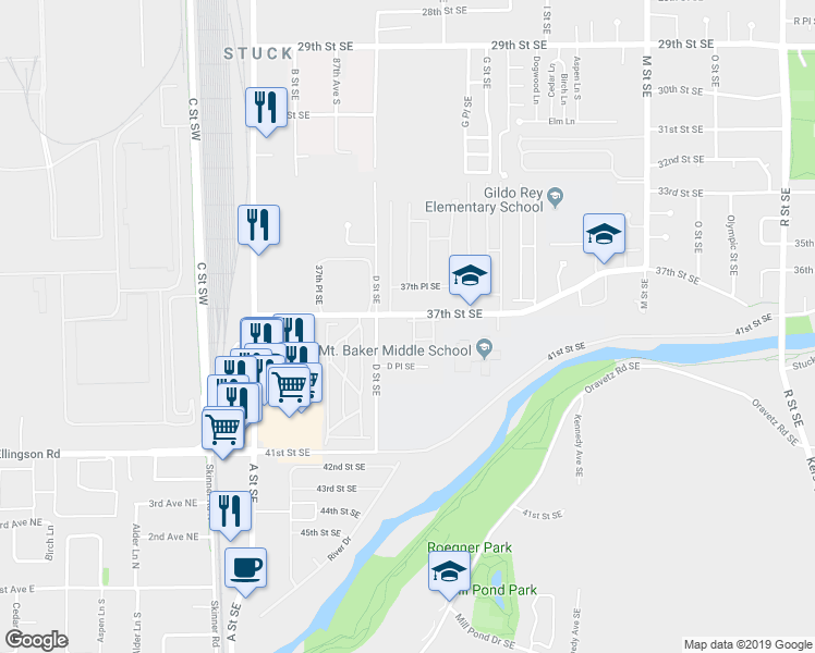 map of restaurants, bars, coffee shops, grocery stores, and more near 428 37th Street Southeast in Auburn