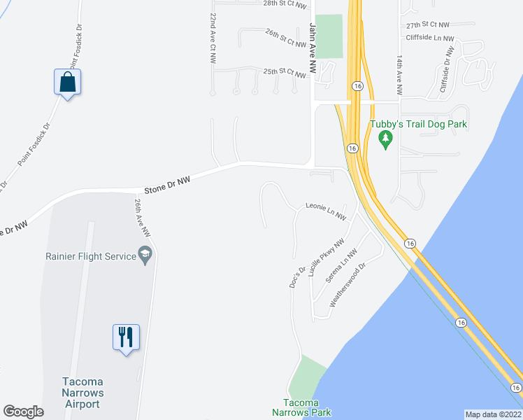 map of restaurants, bars, coffee shops, grocery stores, and more near Clorindi Circle Northwest in Gig Harbor