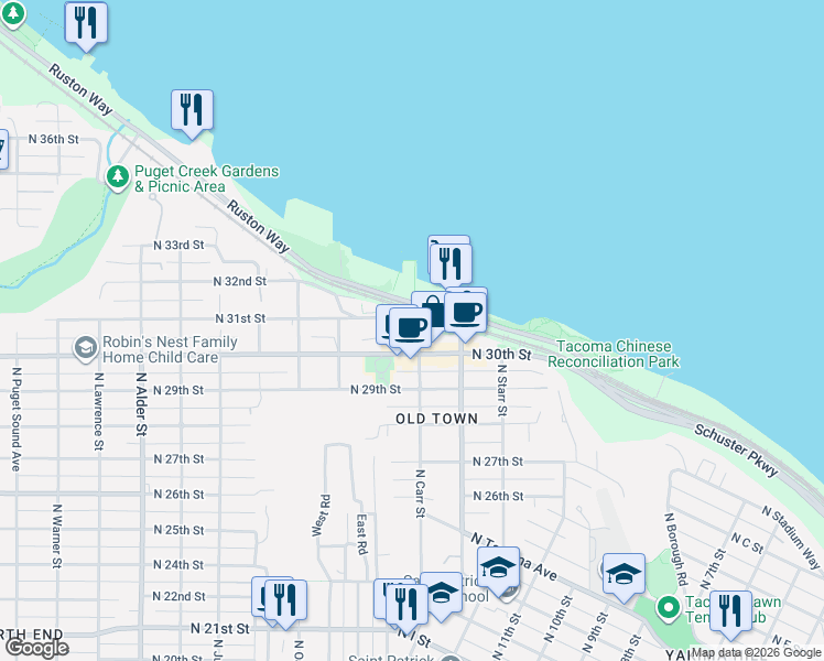map of restaurants, bars, coffee shops, grocery stores, and more near 2314 North 31st Street in Tacoma