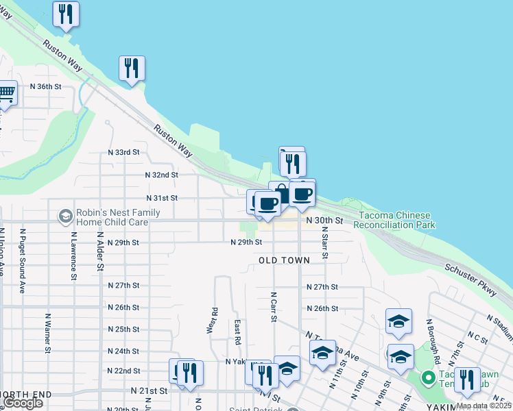 map of restaurants, bars, coffee shops, grocery stores, and more near 2314 North 31st Street in Tacoma