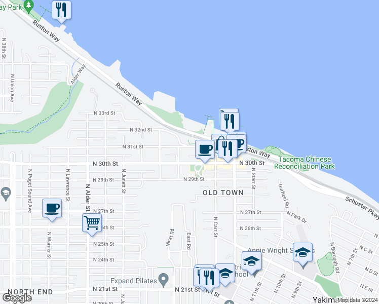 map of restaurants, bars, coffee shops, grocery stores, and more near 2406 North 31st Street in Tacoma