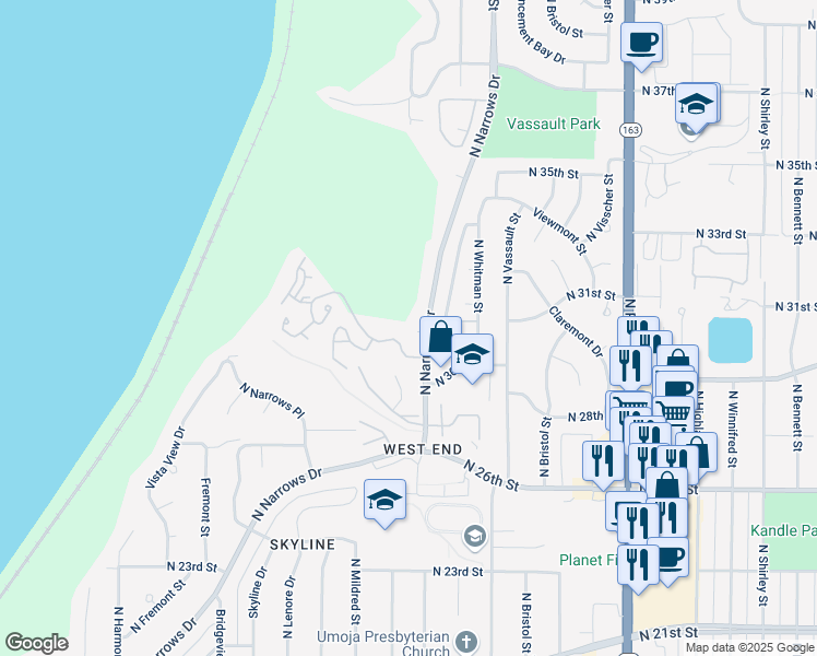 map of restaurants, bars, coffee shops, grocery stores, and more near 3106 North Narrows Drive in Tacoma