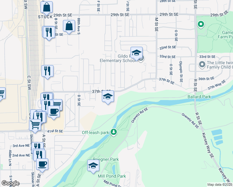 map of restaurants, bars, coffee shops, grocery stores, and more near 716 37th Street Southeast in Auburn