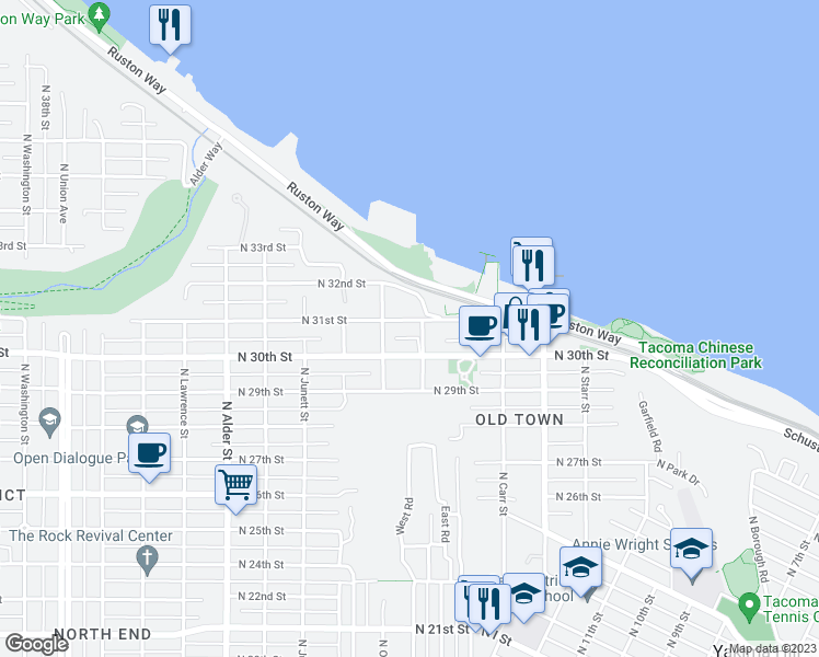 map of restaurants, bars, coffee shops, grocery stores, and more near 2606 North 31st Street in Tacoma