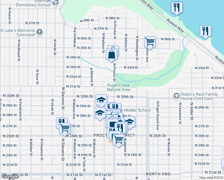 map of restaurants, bars, coffee shops, grocery stores, and more near 3015 North Proctor Street in Tacoma