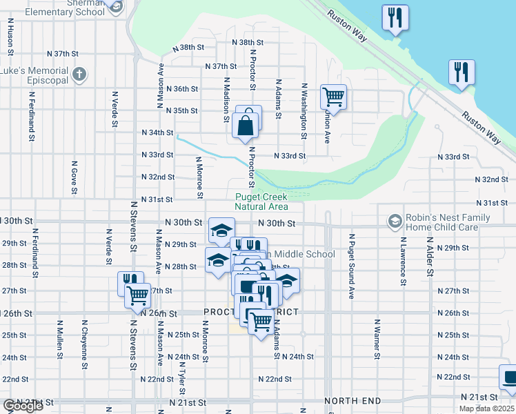 map of restaurants, bars, coffee shops, grocery stores, and more near 3015 North Proctor Street in Tacoma