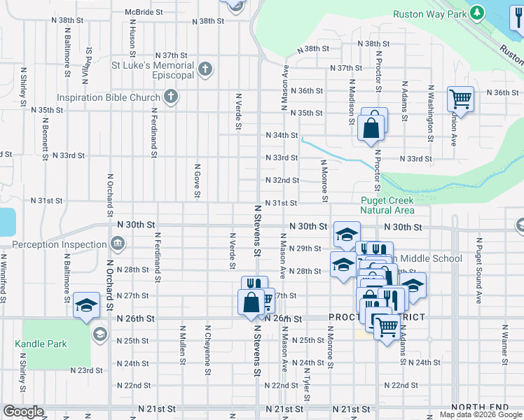 map of restaurants, bars, coffee shops, grocery stores, and more near 4324 North 31st Street in Tacoma