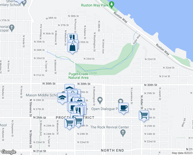 map of restaurants, bars, coffee shops, grocery stores, and more near 3017 North Washington Street in Tacoma