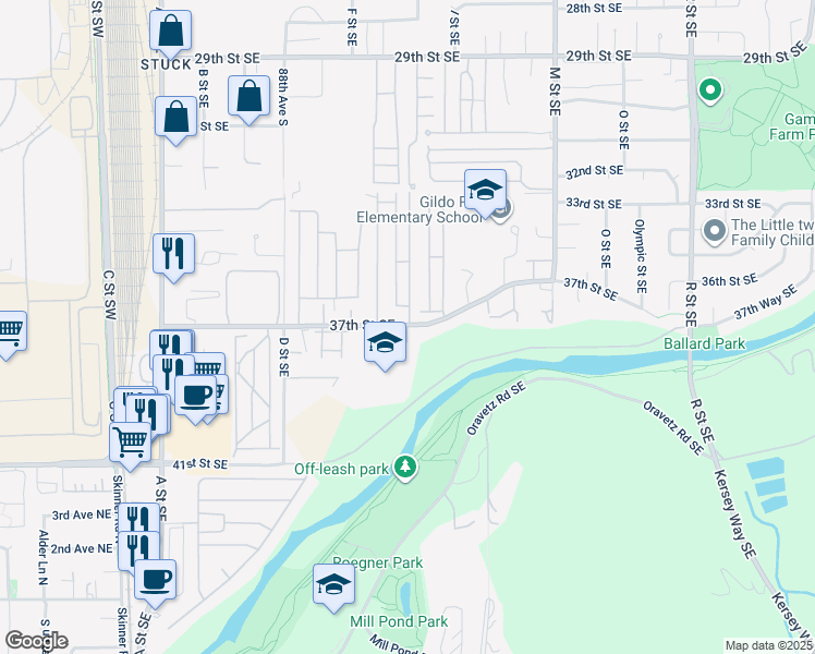 map of restaurants, bars, coffee shops, grocery stores, and more near 716 37th Street Southeast in Auburn