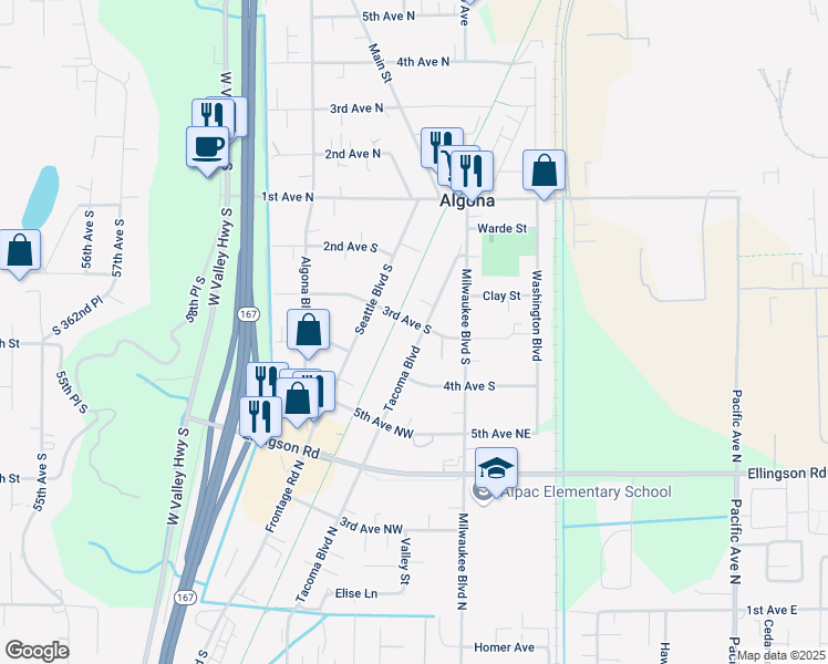 map of restaurants, bars, coffee shops, grocery stores, and more near 306 Tacoma Boulevard in Algona