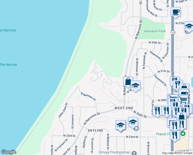 map of restaurants, bars, coffee shops, grocery stores, and more near 3012 North Narrows Drive in Tacoma