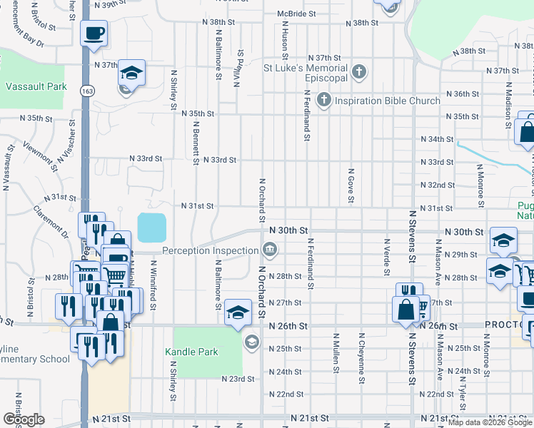 map of restaurants, bars, coffee shops, grocery stores, and more near 5018 North 31st Street in Tacoma