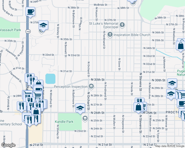 map of restaurants, bars, coffee shops, grocery stores, and more near 5018 North 31st Street in Tacoma