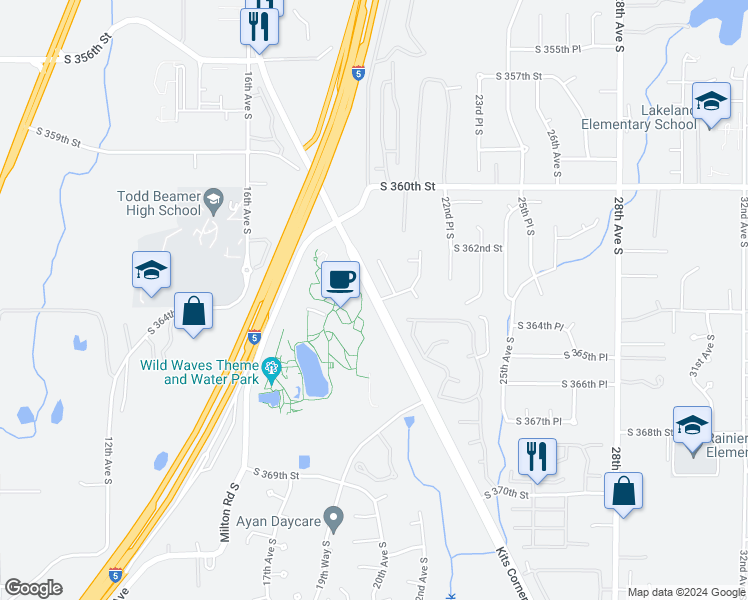 map of restaurants, bars, coffee shops, grocery stores, and more near Enchanted Parkway South & 363rd Place South in Federal Way