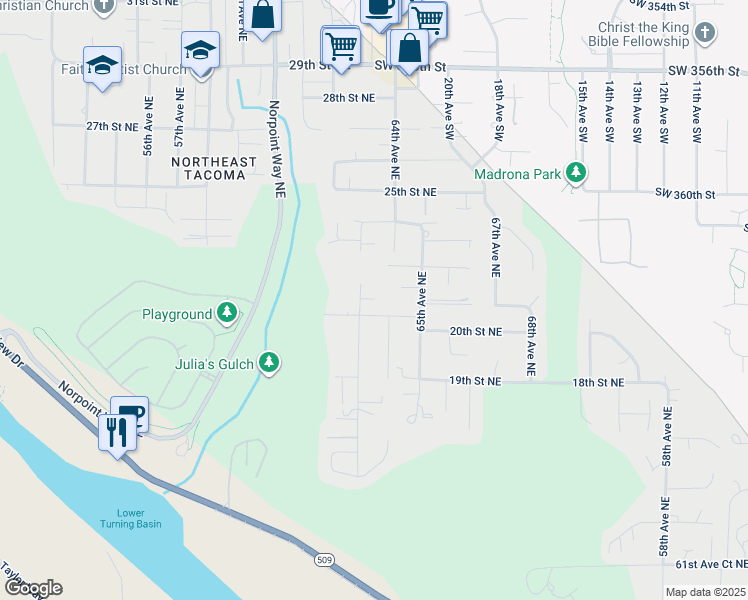 map of restaurants, bars, coffee shops, grocery stores, and more near 2022 64th Avenue Northeast in Tacoma