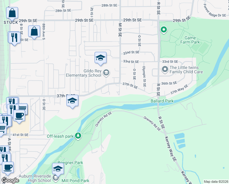 map of restaurants, bars, coffee shops, grocery stores, and more near 1120 37th Street Southeast in Auburn