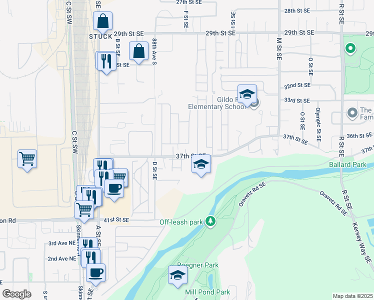 map of restaurants, bars, coffee shops, grocery stores, and more near 526 37th Street Southeast in Auburn