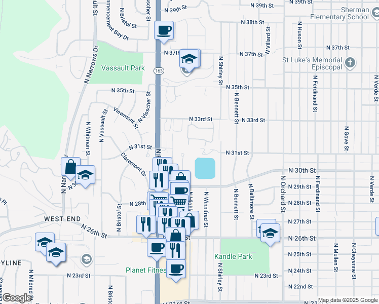 map of restaurants, bars, coffee shops, grocery stores, and more near 5521 North 30th Street in Tacoma