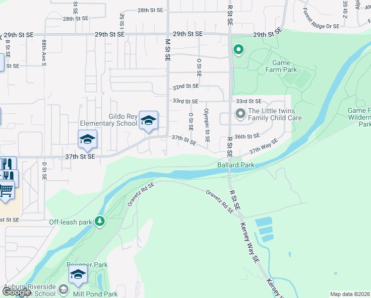 map of restaurants, bars, coffee shops, grocery stores, and more near 1226 37th Street Southeast in Auburn