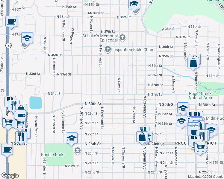 map of restaurants, bars, coffee shops, grocery stores, and more near 3130 North Gove Street in Tacoma