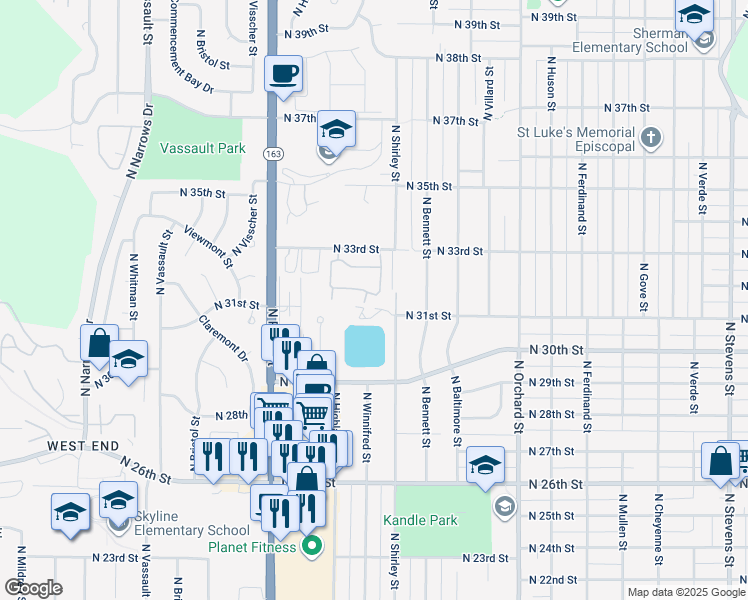map of restaurants, bars, coffee shops, grocery stores, and more near 5702 North 33rd Street in Tacoma