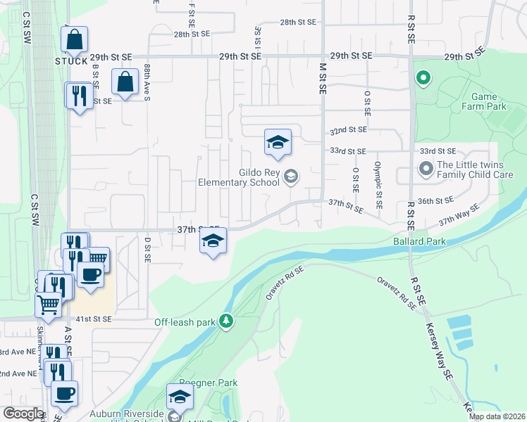 map of restaurants, bars, coffee shops, grocery stores, and more near 3617 I Street Southeast in Auburn