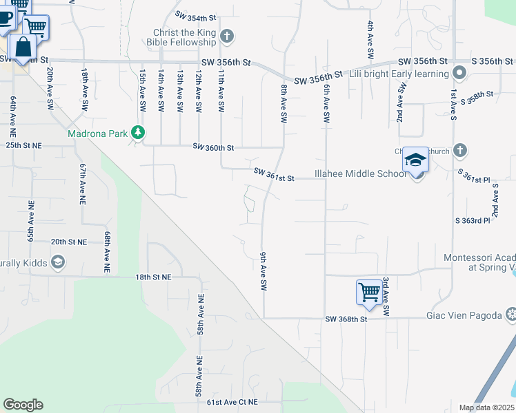 map of restaurants, bars, coffee shops, grocery stores, and more near 821 Southwest 363rd Place in Federal Way