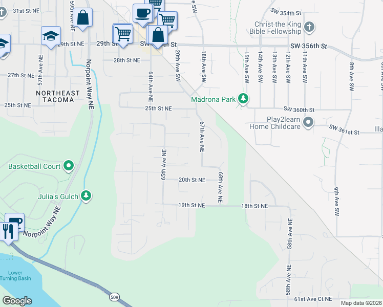 map of restaurants, bars, coffee shops, grocery stores, and more near 6630 22nd Street Court Northeast in Tacoma