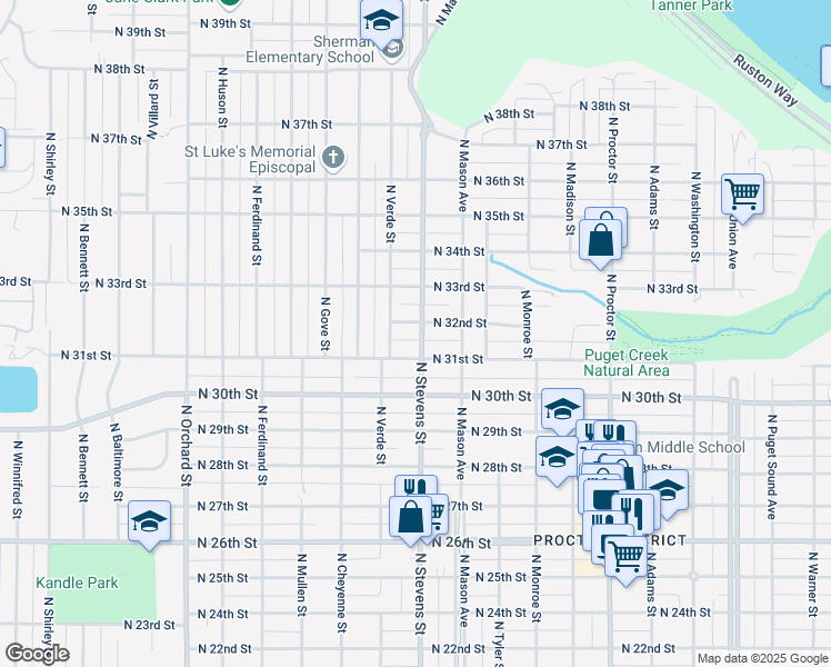 map of restaurants, bars, coffee shops, grocery stores, and more near 4321 North 32nd Street in Tacoma