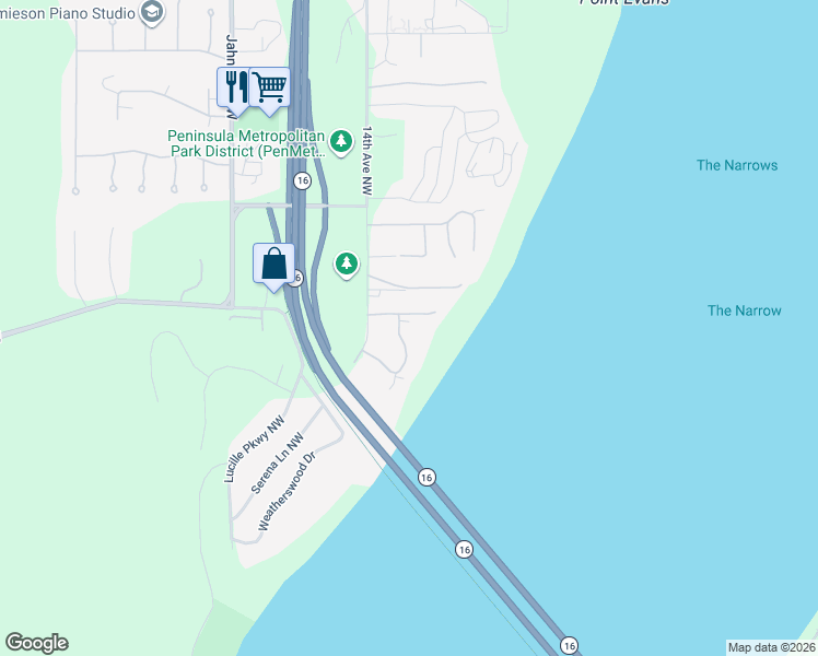 map of restaurants, bars, coffee shops, grocery stores, and more near 2021 Narrows View Circle Northwest in Gig Harbor