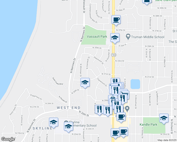 map of restaurants, bars, coffee shops, grocery stores, and more near 3138 North Claremont Drive in Tacoma