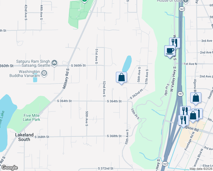 map of restaurants, bars, coffee shops, grocery stores, and more near 36204 52nd Avenue South in Auburn