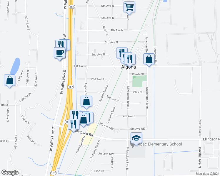 map of restaurants, bars, coffee shops, grocery stores, and more near 210 Seattle Boulevard South in Algona
