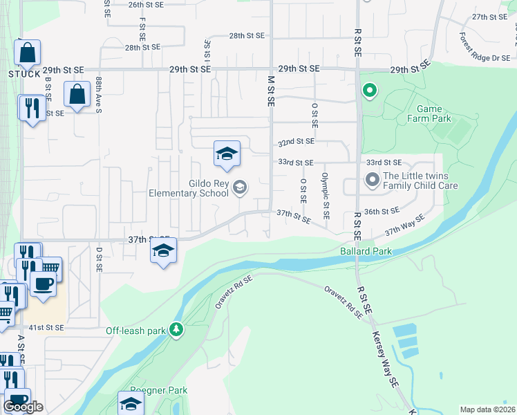 map of restaurants, bars, coffee shops, grocery stores, and more near 1101 37th Street Southeast in Auburn