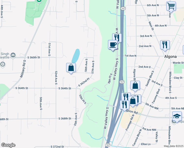 map of restaurants, bars, coffee shops, grocery stores, and more near 36045 57th Avenue South in Auburn