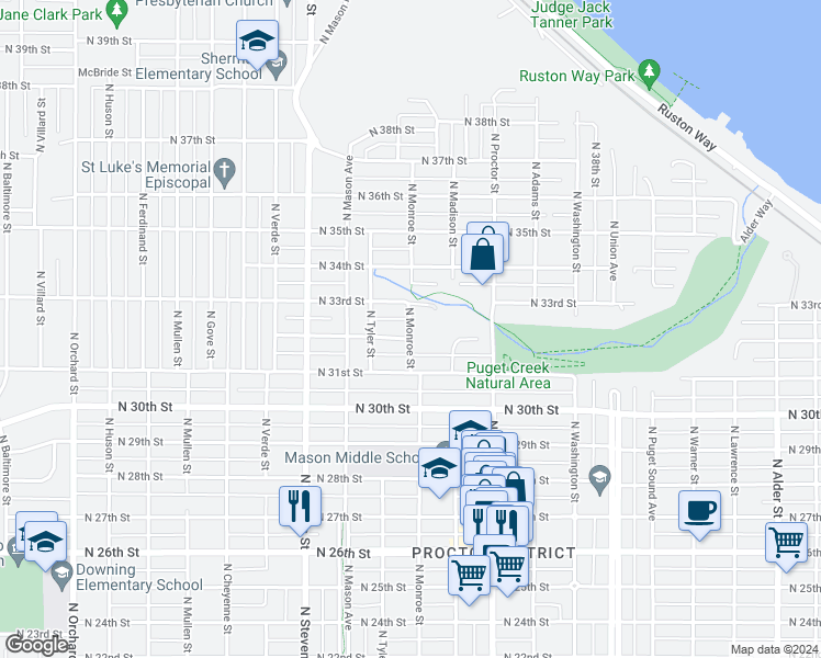 map of restaurants, bars, coffee shops, grocery stores, and more near 3209 North Monroe Street in Tacoma