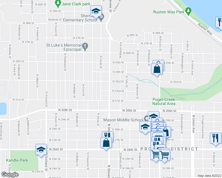 map of restaurants, bars, coffee shops, grocery stores, and more near 4321 North 32nd Street in Tacoma
