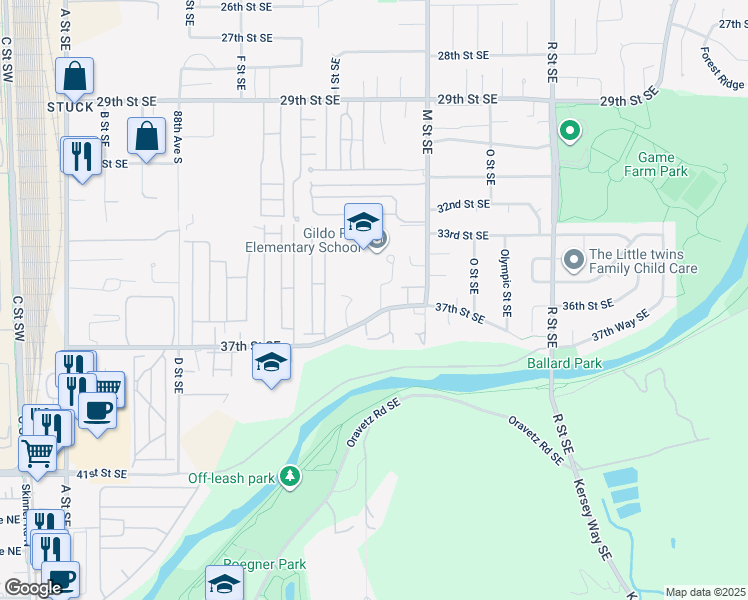 map of restaurants, bars, coffee shops, grocery stores, and more near 3527 K Street Southeast in Auburn