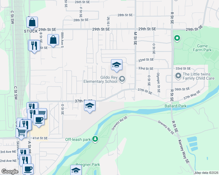 map of restaurants, bars, coffee shops, grocery stores, and more near 3602 I Street Southeast in Auburn