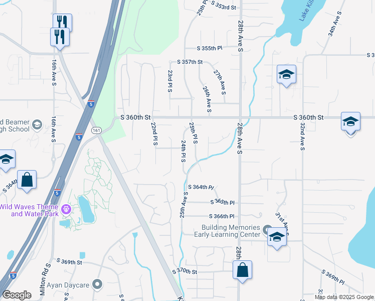 map of restaurants, bars, coffee shops, grocery stores, and more near 36202 24th Place South in Federal Way