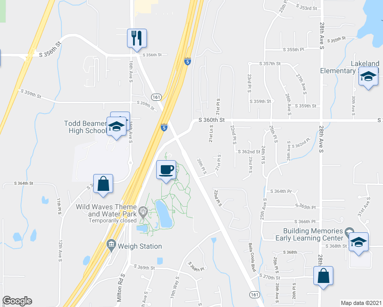 map of restaurants, bars, coffee shops, grocery stores, and more near 36207 20th Place South in Federal Way