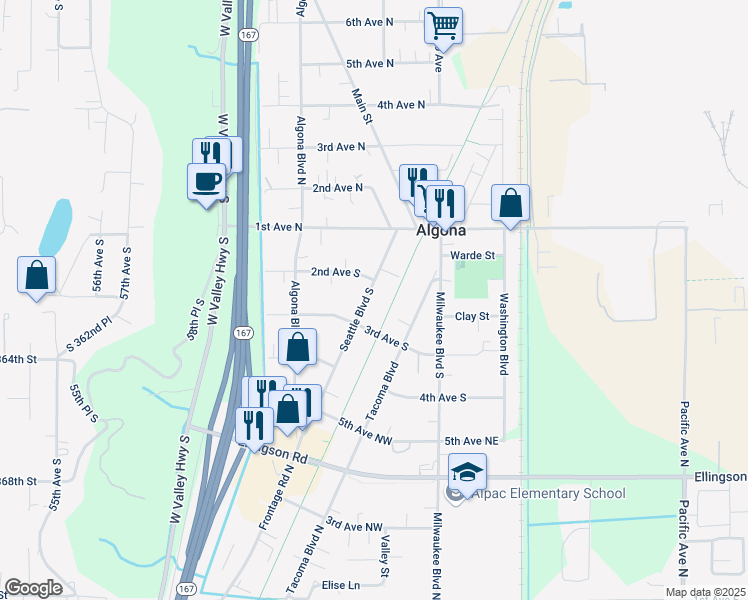 map of restaurants, bars, coffee shops, grocery stores, and more near 210 Seattle Boulevard South in Algona